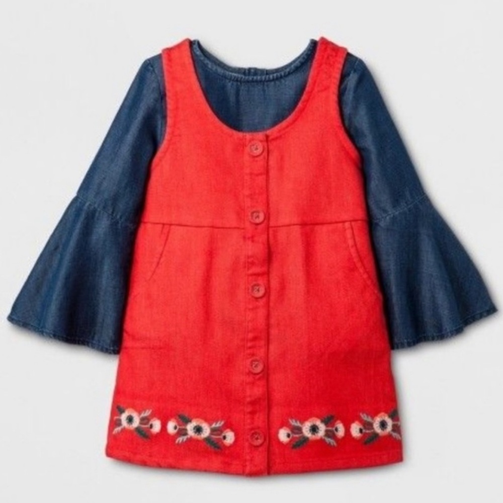 EUC 2 piece jean red embroidered poppy dress